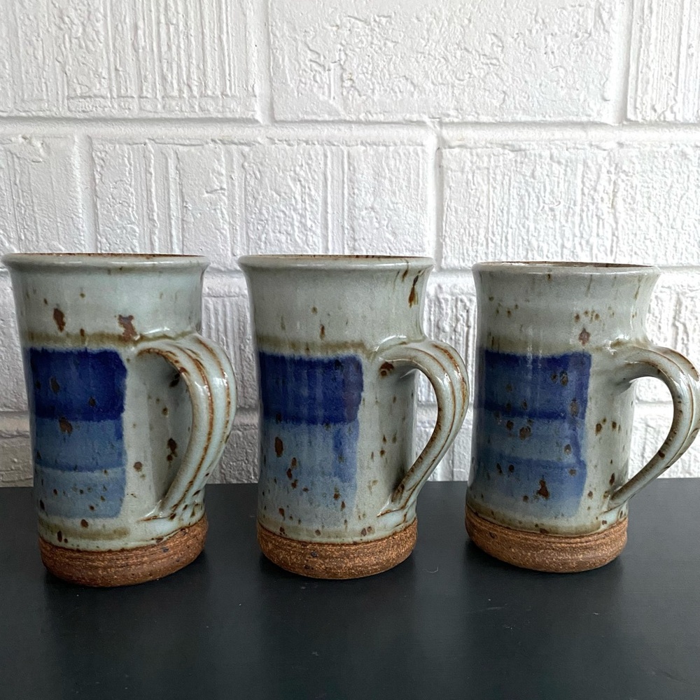 Hand Thrown Blue, Gray and Brown speckled Ceramic Mugs Set of 3